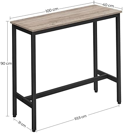 VASAGLE Bar Table, Narrow Rectangular Bar Table, Kitchen Table, Pub Dining High Table, Steel Frame, 100 x 40 x 90 cm, Easy Assembly, Industrial, Greige and Black LBT010B02