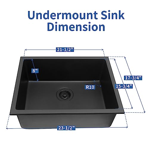 Image of Black Kithcen Sink, 23 Inch Undermount Kitchens Sinks, 23 inchx 18 inchx 8 inch Small Matte Black Bar Sinks, 23 x18 Granite Composite Quartz stone Kitchen Sink With Accessories