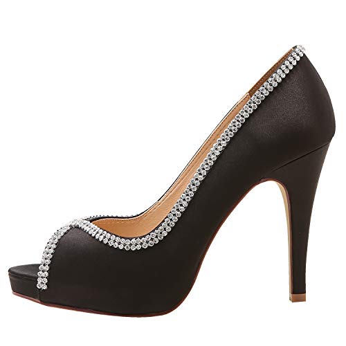 ELEGANTPARK Black Heels Peep Toe Platform Shoes for Women Heels and Pumps Rhinestones Satin High Heel Wedding Prom Evening Dress Shoes US 10 - Thumbnail 2