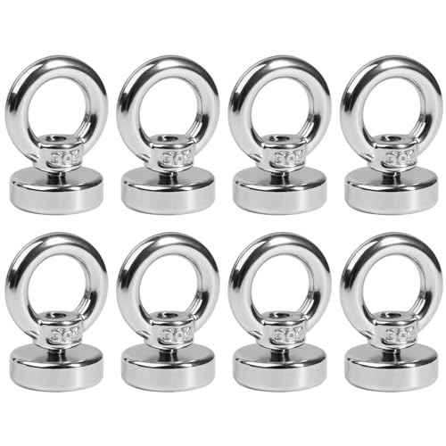 Lot de 8 Crochets magnétiques Extra puissants en néodyme de 21 mm Force de Traction 5 kg, Aimant Neodyme Super Puissant Crochet Magnétique pour l'industrie et la Science Pêche À L'Aimant et Garage