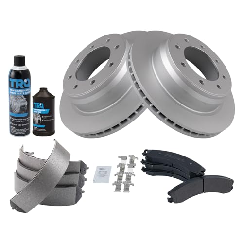 Image of TRQ Rear Brake Pad & Rotor Kit, with Chemical Kit Parking Brake Shoe Set Semi-Metallic Premium G-Coated Compatible with 2012-2019 Nissan NV1500 NV2500 NV3500