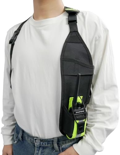 KUNN Universal Left Side Radio Shoulder Harness Holster with Reflective Pocket,Two Way Radio Holder for Motorola,Baofeng, Walkie Talkie Holder for SAR,Police