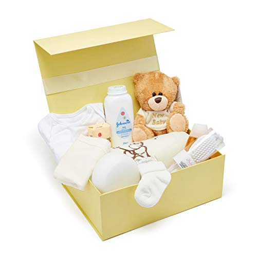Baby Shower Gifts Hamper Box - for a New Baby with Newborn Essentials Including Teddy Bear and Cream Keepsake Box