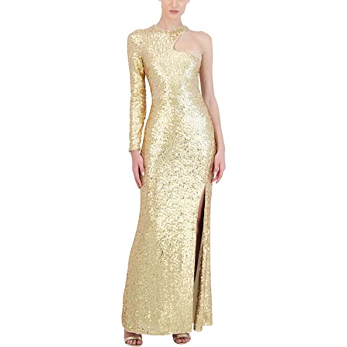 Bcbgmaxazria Women's Fit And Flare Floor Length Sequin Evening Gown One Long Sleeve Crew Neck Cut Out Side Slit, Gold, Medium #TOP10