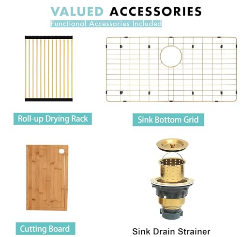Image of Gold Farmhouse Kitchen Sink, 16 Gauge SUS304 Stainless Steel Farm Sinks, All In One Workstation Sink with Ledge & Accessories, 33 inch x 20 inch x 10 inch Large and Deep Gold Undermount Kitchen Sink