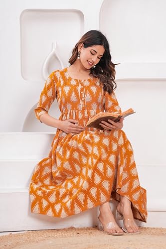 Image of The Moon Star Women's Cotton Floral Printed Anarkali Maternity Feeding Kurti | Breastfeeding Dress for Mothers | Zipper Feeding Kurti,Nursing Kurti, Comfortable and Trendy Maternity Wear