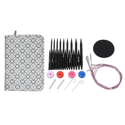 Juego de agujas de tejer circulares intercambiables con bolsa de almacenamiento, puntas de aluminio anodizado negro y cables flexibles para proyectos de tejido