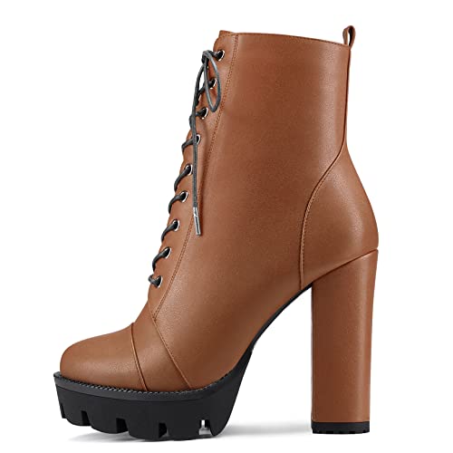 HEUIVZAR Womens Platform Ankle Boots Short Bootie High Chunky Block Heel Closed Toe Matte Shoes Lace-up Zipper 5 Inch2