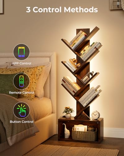 Image of Evermagin 6 Tier Tree Bookshelf with Lights, LED Book Tree Bookcase with Storage Organizer, Small Corner Bookshelf Floor Standing Book Shelf for Living Room, Bedroom & Home Office, Rustic Brown