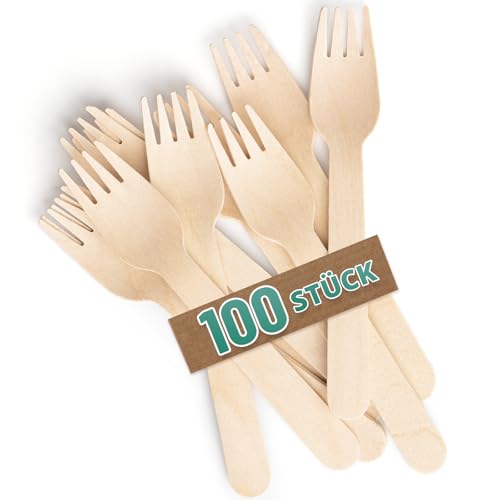 Gabeln 16 cm 100 Stück Einweg I Einwegbesteck aus Birkenholz I kompostierbar, unbehandelt & lebensmittelecht I Einweggabel Besteck für Dessert & Party