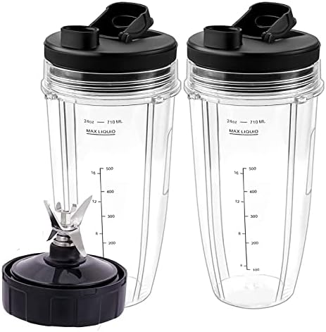 Blender Replacement Parts for Ninja -2 24oz Cups with 2 Spout lids,7 Fins Blender Blade,Perfect for N.utri Nin.ja Auto iQ (BL450-30/BL480-30/BL487 - BL492/CT680/BL642-30 /BL680A /NN100) Series,BN801