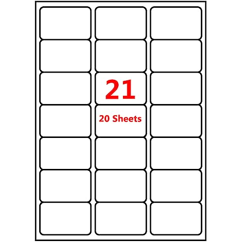 Image of PACK4YA 21 Labels per A4 Sheet, 63.5 x 38.1 mm White Self Adhesive Printable Sticker Sticky Address Shipping Mailing Labels, Compatible with Inkjet and Laser Printers (20 Sheets)