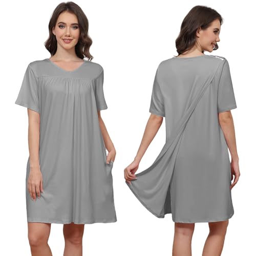 Image of Hospital Gowns for Women Open Back Tear Away Snap Post shoulder Dress Short Sleeve Soft Adaptive Clothing with Pockets