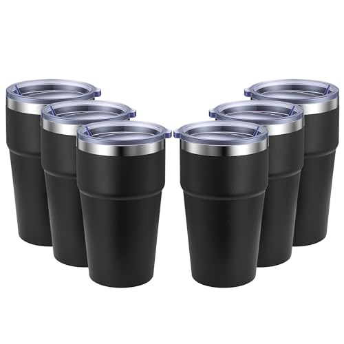 MEWAY 16oz Tumbler Double Wall Vacuum Insulated Travel Mug Bulk, Stainless Steel Tumblers with Lid, Powder Coated Coffee Cups for Cold & Hot Drinks (Black,6 Pack)