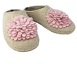 Handmade Women's 100% Wool Slippers with Pink Flower and Arch Support Insole