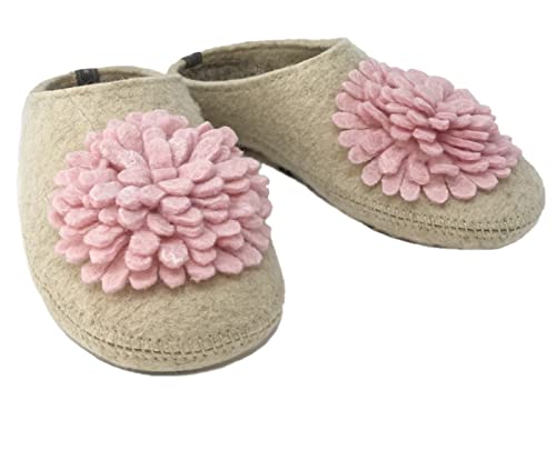 Handmade Women's 100% Wool Slippers with Pink Flower and Arch Support Insole