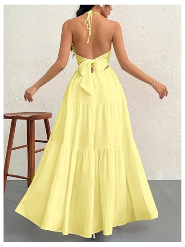 Image of SHENHE Women's Deep V Neck Tie Knot Backless Halter Dress A Line Flowy Ruffle Maxi Dress