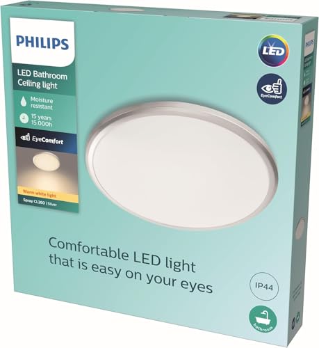 Plafonnier Spray Philips 17W IP44 argenté de 34.7cm pour une lumière chaleureuse