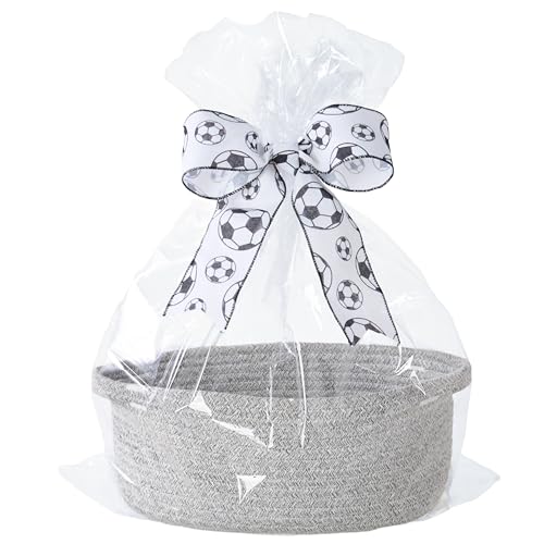 Image of Small Woven Gift Basket Empty with Bag & Ribbon, Storage Basket for Father's Day for Dad, Baby Shower, Raffle, Birthday, Cute Organizer with Handles, 12 inchx8 inchx5 inch, Gray /Soccer