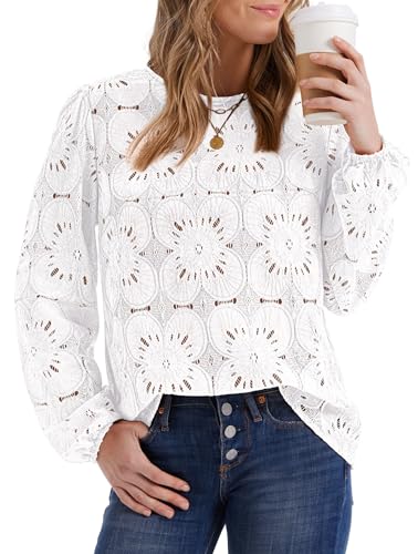 OFEEFAN Blouses for Women Dressy Casual Long Sleeve Shirts Flower Lace Tops Trendy Summer Outfits Fall Fashion 20252