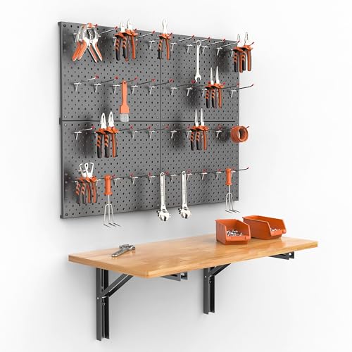 TORACK Heavy Duty Wall Mounted Folding Workbench with Pegboard Kit, Space-Saving Collapsible Wall Table/Desk for Garage Workshop, Holds Up to 150 lbs(Board Size: 31.5 x 15.75 in)