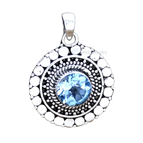 Solid 925 Sterling Silver Pendant For Men Women, Natural Blue Topaz Faceted Round Gemstone Antique Handcrafted November Birthstone Jewelry #TOP17