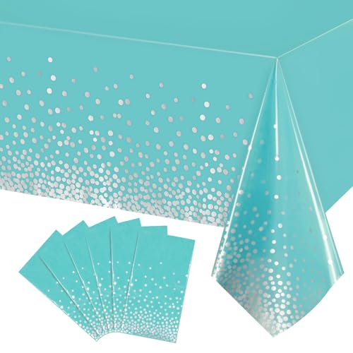 Image of Breling 6 Pcs Teal Blue and Silver Dot Tablecloth Plastic Confetti Rectangle Disposable Table Cover for Birthday Wedding Baby Shower Engagement Anniversary Bachelorette Party, 54 x 108 Inch