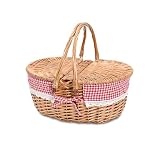 Small Wicker Picnic Basket for Kids with Removable Liner Empty Baskets with Lids, Picnic Hamper with Foldable Handles, Red Checkered