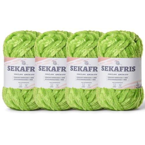 Image of Chenille Velvet Soft Yarn Lime Green 4 Pack | 400g /196.8yds Fuzzy Chunky Chenille Yarn for Crocheting Plush Yarn for Hand Knitting Amigurumi Fluffy Yarn