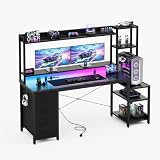 YOUDENOVA Escritorio para videojuegos con cajones y estante, 150 x 48 cm, mesa para videojuegos con LED, enchufe y USB, escritorio para ordenador con soporte para monitor, superficies de