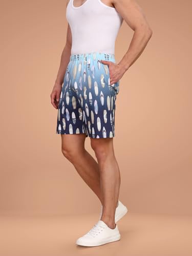 Image of BULLMER Regular Fit Cotton Blend Summer Shorts for Men - Pack of 2 | Printed Shorts for Men Blue /Beige