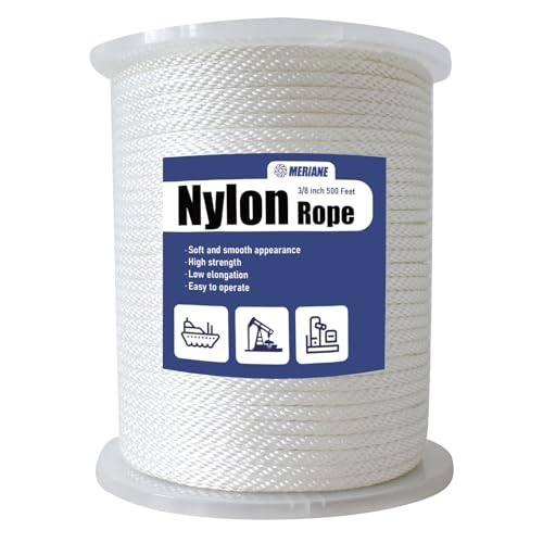 MERIANE Nylon Rope 500 Ft 3/8 Inch – Multipurpose Solid Braided Rope – Ideal Use for Camping, Clothesline, Marine, Flag Line – Abrasion & UV Resistant – Shock Absorption Rope for Indoor Outdoor
