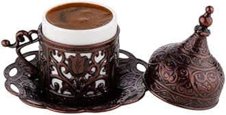 DEMMEX 2024 Turkish Greek Arabic Coffee Serving Set with Cups, Saucers, Cup Holders, Lids, Sugar Bowl & Lid and Tray, 11 Pcs (Antique), Medium