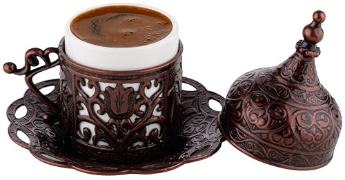 DEMMEX 2024 Turkish Greek Arabic Coffee Serving Set with Cups, Saucers, Cup Holders, Lids, Sugar Bowl & Lid and Tray, 11 Pcs (Antique), Medium