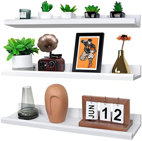 Annecy Floating Shelves Wall Mounted Set of 3, 24 Inch White Rustic Wood Shelves for Wall, Wall Storage Shelves with Guardrail Design for Bedroom, Bathroom, Kitchen, Office, 3 Different Sizes