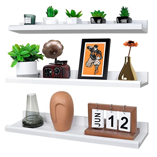 Annecy Floating Shelves Wall Mounted Set Of 3, 24 Inch White Rustic Wood Shelves For Wall, Wall Storage Shelves With Guardrail Design For Bedroom, Bathroom, Kitchen, Office, 3 Different Sizes #TOP7