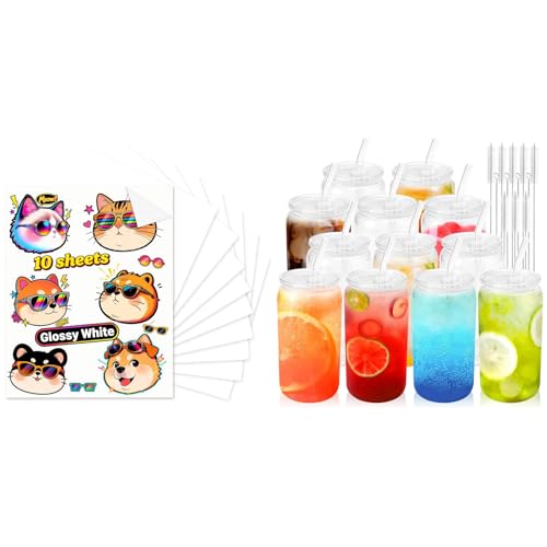 Joyclub Bundle of 10 Sheets 8.5x11 in Sublimation Sticker Paper and Joyclub 12pcs Glass Cups with Acrylic Lids and Straws 16 oz