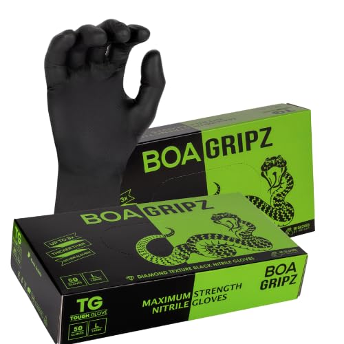 TG TOUGH GLOVE BOA Gripz (L) Nitrile Gloves (Pack Of 50) | Strong Black Disposable Gloves | Diamond Textured | Powder & Latex Free Strong Midweight Mechanic Industrial Glove
