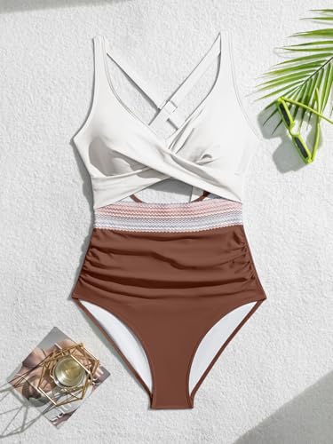 Image of B2prity Women's One Piece Swimsuit Tummy Control High Waisted Bathing Suit | Color Block,Removable Soft Cups,Cutout,V neck,Full Coverage,Adjustable Criss Cross Straps,Tie Back