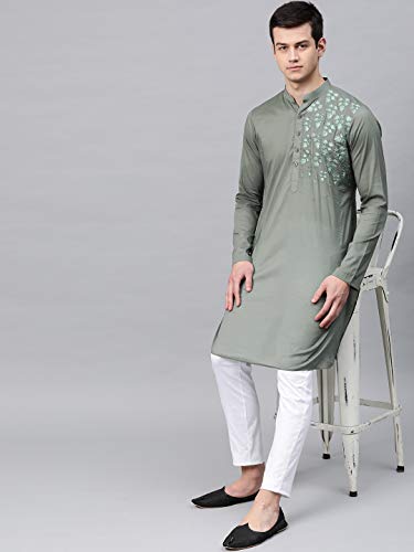 Image of See Designs Olive Cotton Regular Fit Embroidered Kurta