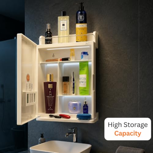 Image of BRANCO Bathroom Cabinet with Mirror | Storage Organiser | Strong Plastic Bathroom Shelves Wall Mounted | Mirror Cabinet (Ivory)