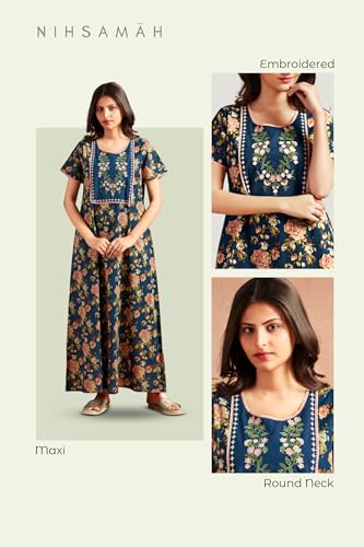 Image of NIHSAMAH Cotton Nighty for Women - Printed Stylish Night Gown, Comfortable Sleepwear Long Nightwear, Maxi