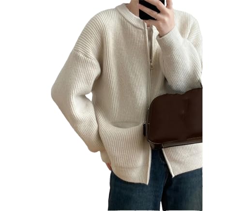 Suvoiier Gestreifter Damen-Strickmantel mit doppeltem Reißverschluss, einfarbig, lockerer Pullover, beige, L
