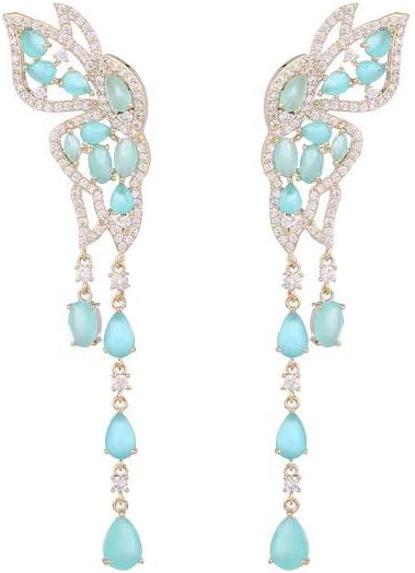 14K Gold Butterfly Shaped Dangle Earrings with Long Tassel Drop, Colorful Moissanite Women's Earrings, Ideal for Birthdays & Everyday Wear