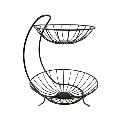 Spectrum Yumi 2 Tier Fruit Basket Server for Kitchen Counter Storage Fruit Vegetable Organizer, Modern Decor Tiered Fruit Bowl Stacked Basket Keeps Produce Elevated for Even Ripening, Black