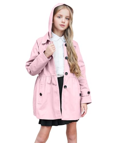 Image of BINPAW Little Girls Trench Coat, Pink Long Hooded Jackets Button Down Fall Spring Dress Coat Outwear with Detachable Hoodie, 7-8 Years = Tag 140