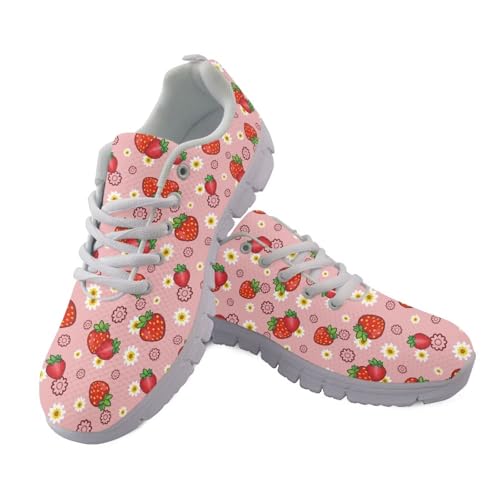 JUDENTIDOS Strawberry Floral Sneakers for Women Light Lace-up Flats Sneakers Fashion Outdoor Walking Running Shoes