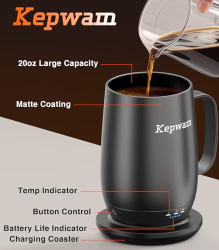 Image of Kepwam Smart Heated Coffee Mug T2-Plus, 20oz Rechargeable Self Heating Coffee Mug with 8-Hour Battery & Temp Control, Perfect Coffee Warmer Gift for Men Women