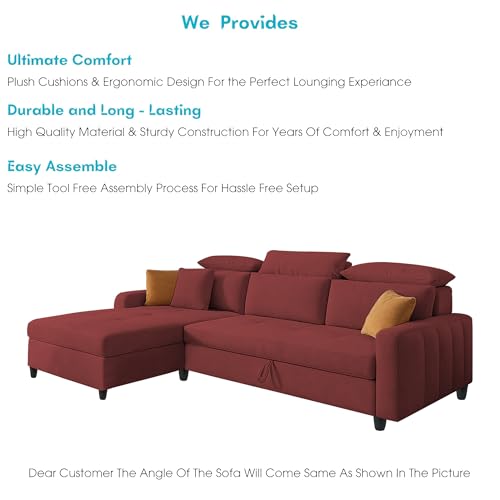 Image of Casaliving Gagnon LHS 4 Seater L Shape Corner Sofa Cum Bed for Living Room (Maroon Fabric) Premium Fabric Sofa