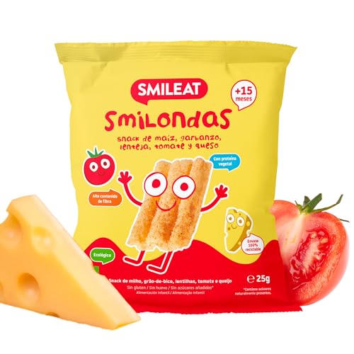 Smileat Smilondas | Snack Ecológico de Maíz, Garbanzo, Lenteja, Tomate y Queso | Para Bebés desde 15 Meses | Horneadas con Ingredientes Naturales | Alternativa para una Merienda Sana | 1 x 25g
